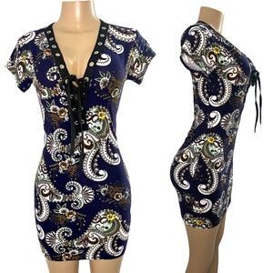 NWT Navy Blue Stretchy Short Floral Dress Casual Bodycom Short Dress Size S/M